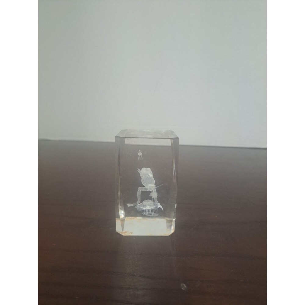 3D Laser Etched Frog Chasinh Dragonfly Glass Paperweight